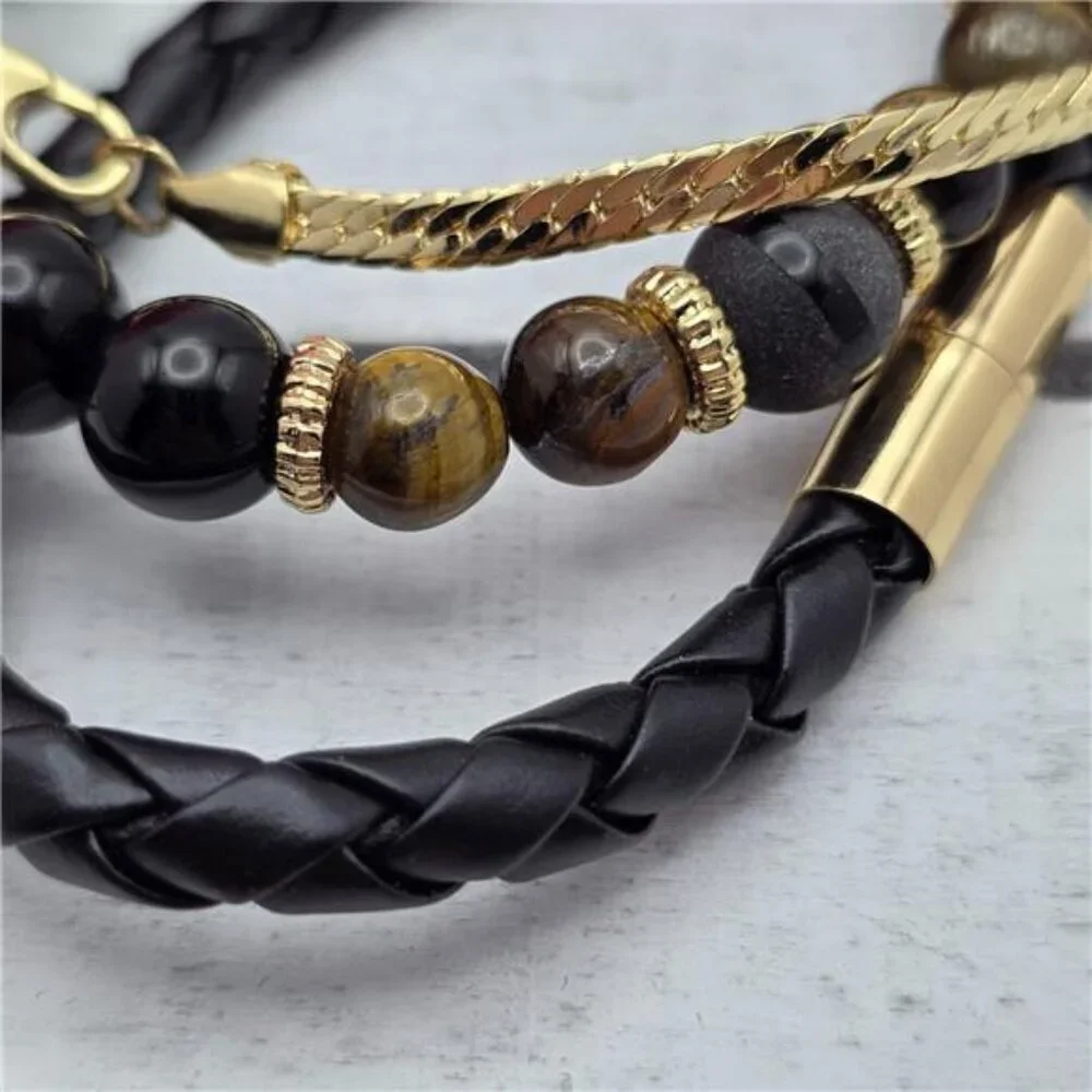 Guess Mens 3PC Bracelet Set Tiger's Eye Bead Leather Herringbone Chain 7 In